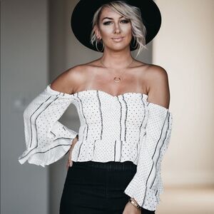 Black white stripe strapless off the shoulder summer blouse top polka dot